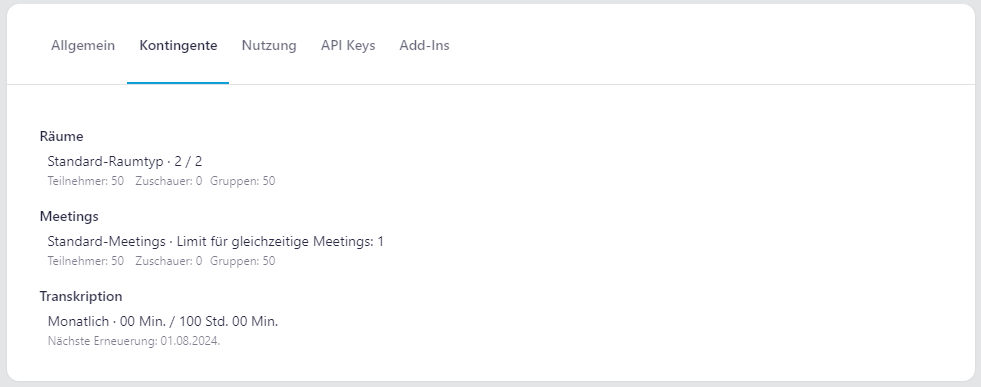 Screenshot des Reiters Kontingent der Company-Verwaltung in der Verwaltungsoberfläche