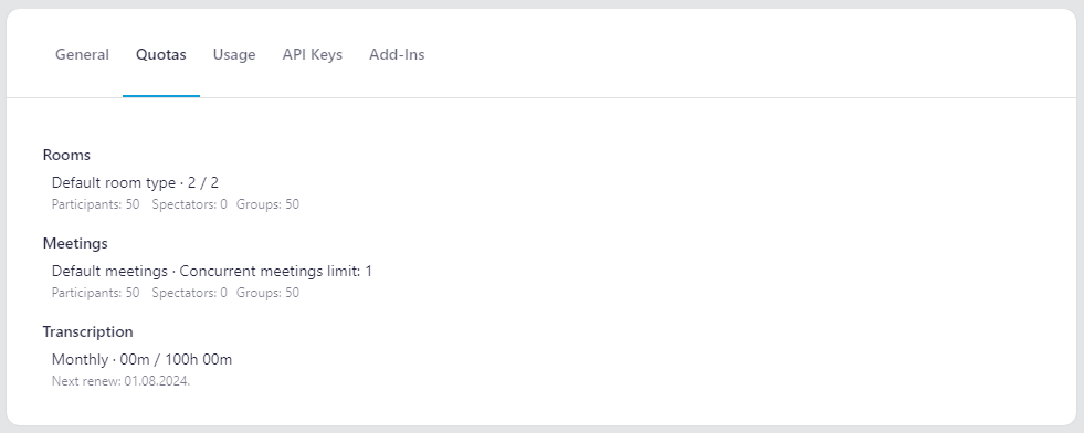 Screenshot of the Quotas tab in company management