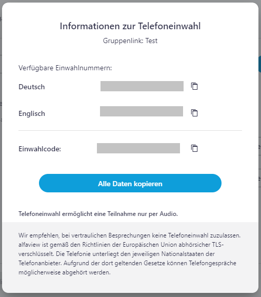 Screenshot der Telefoneinwahl-Informationen