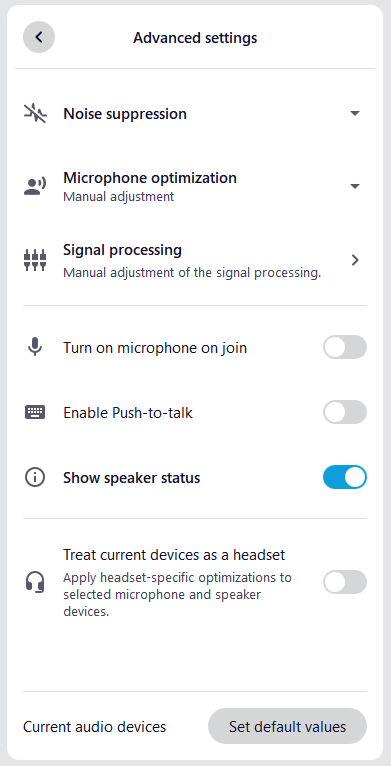 Screenshot of the advanced audio settings in the alfaview app