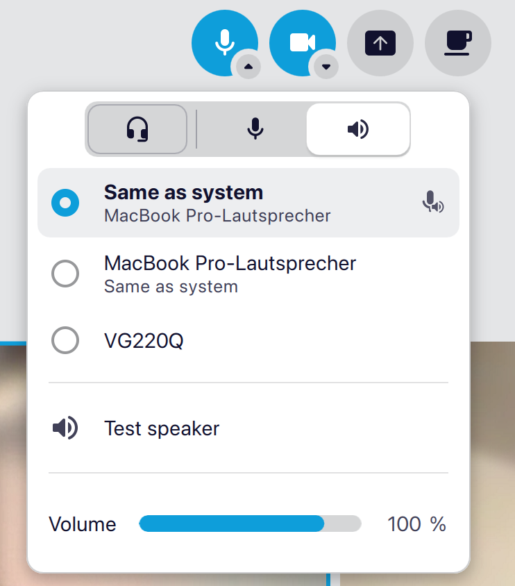 Screenshot of the speaker selection menu