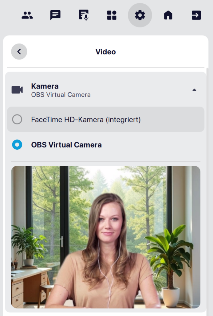 Screenshot des Menüs zur Kameraauswahl in den Videoeinstellungen