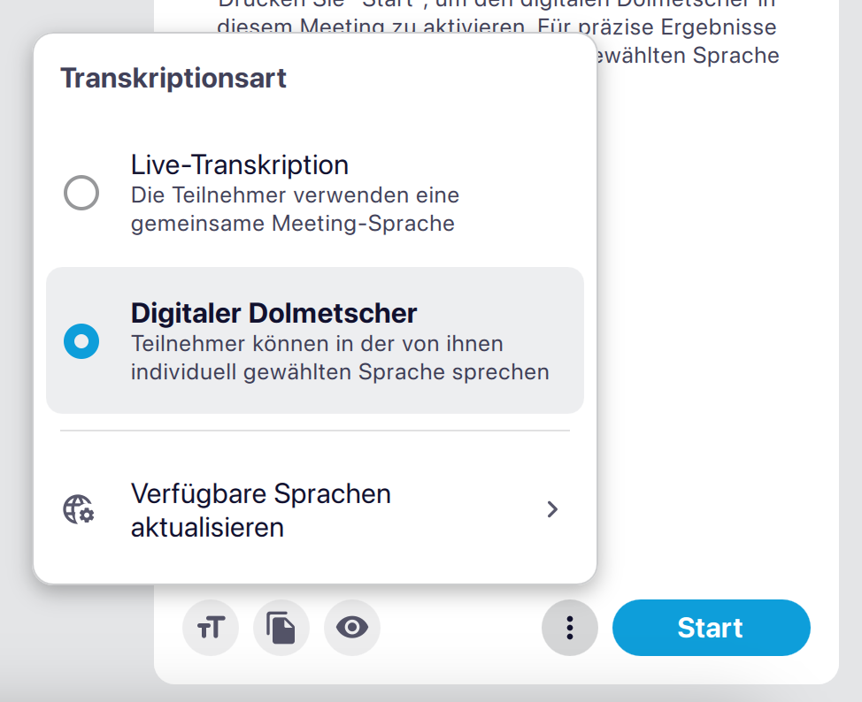 Screenshot des Menüs Transkriptionsart