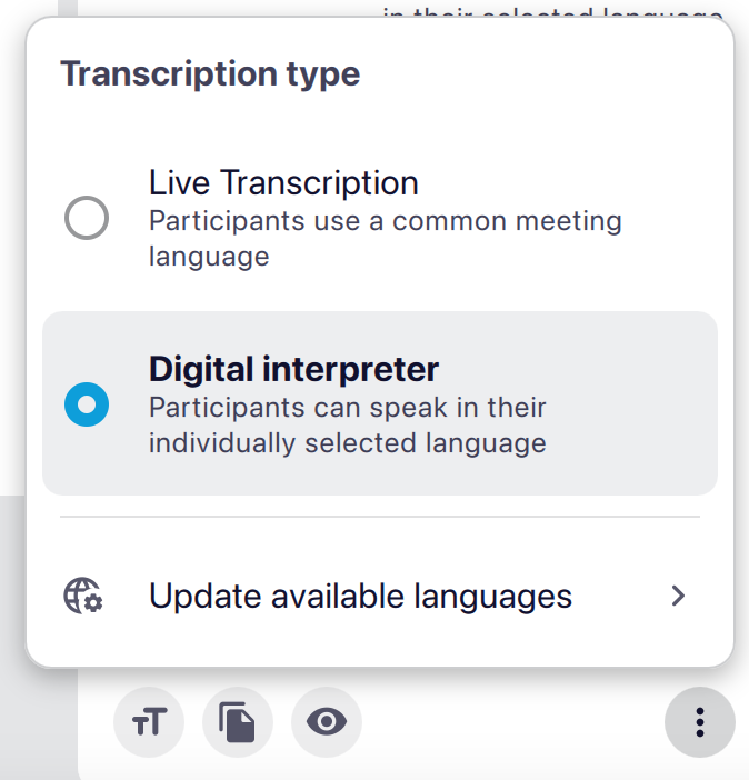 Screenshot of the transcription type menu