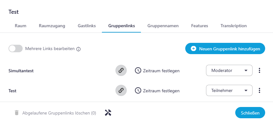 Screenshot der Benutzeroberfläche. Der Reiter Gruppenlinks in den Raumeinstellungen ist geöffnet.