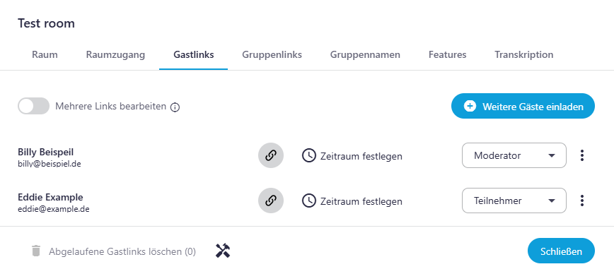 Ein Screenshot des Reiters Gastlinks in den Raumeinstellungen auf der Administrationsseite