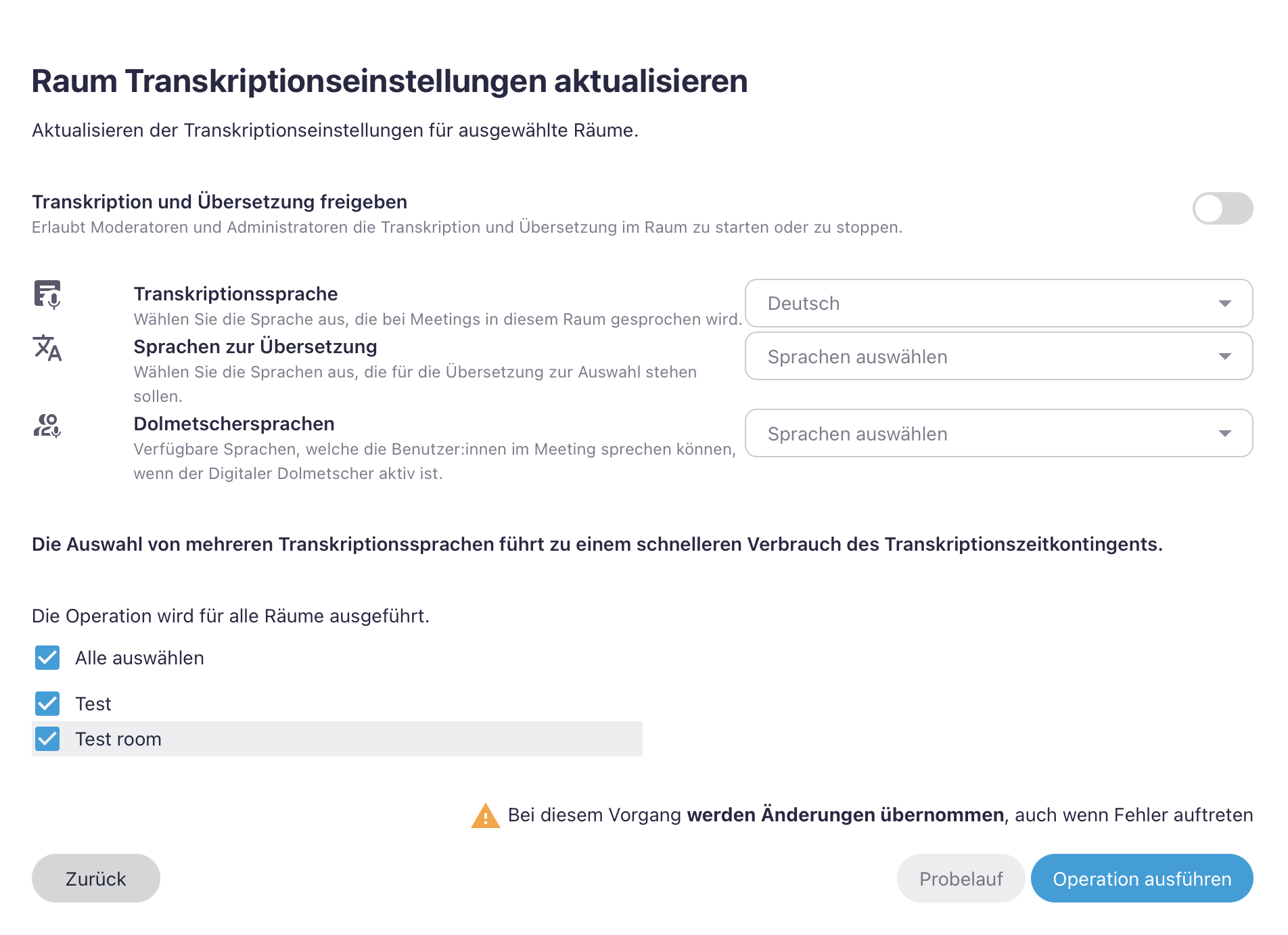 Screenshot der Transkriptionseinstellungen für mehrere Räume gleichzeitig
