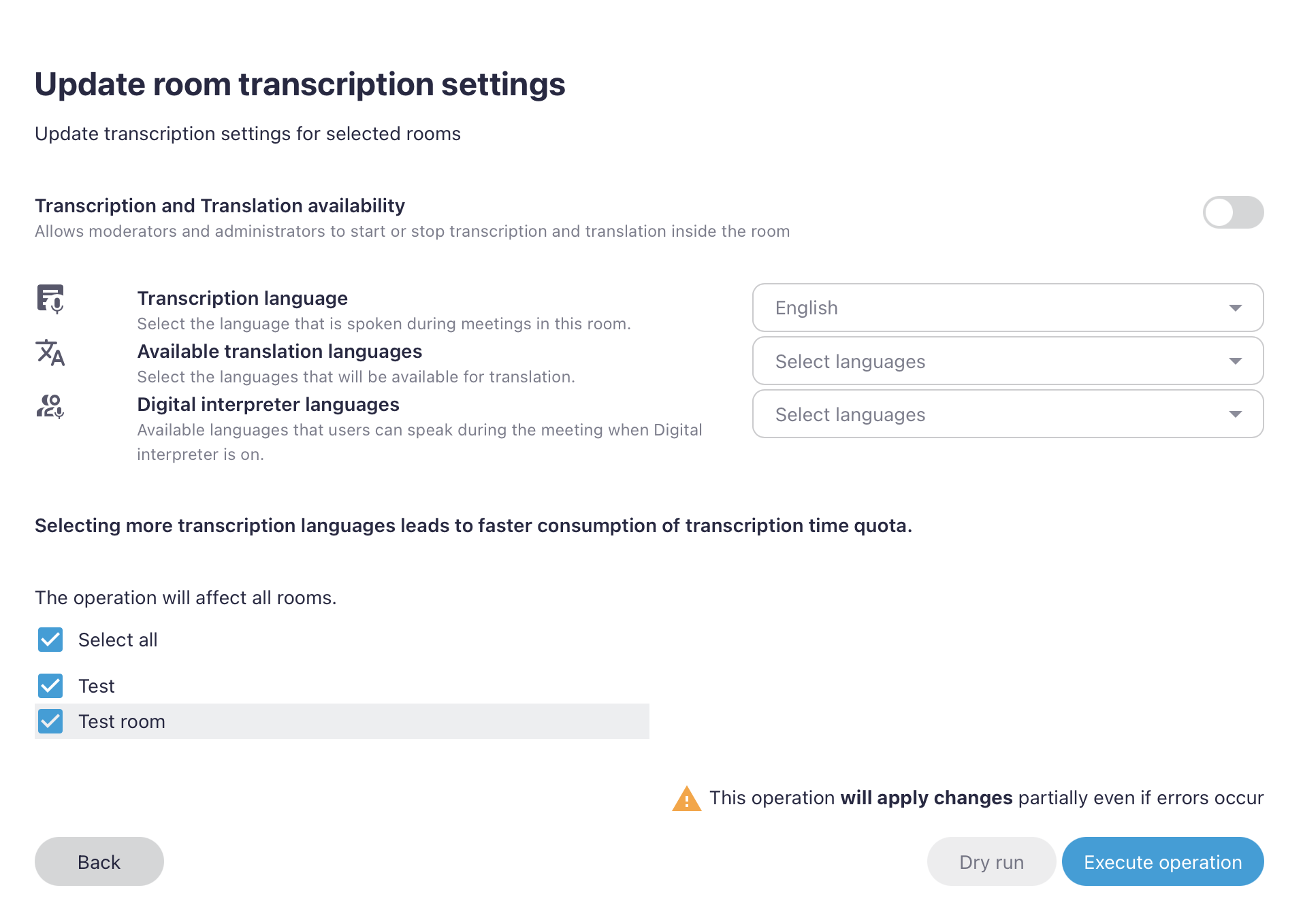 Screenshot of the batch operation for the transcription settings