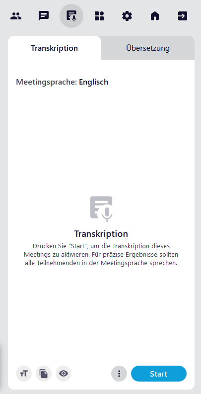 Screenshot des Reiters Live-Transkription im alfaview-Raum